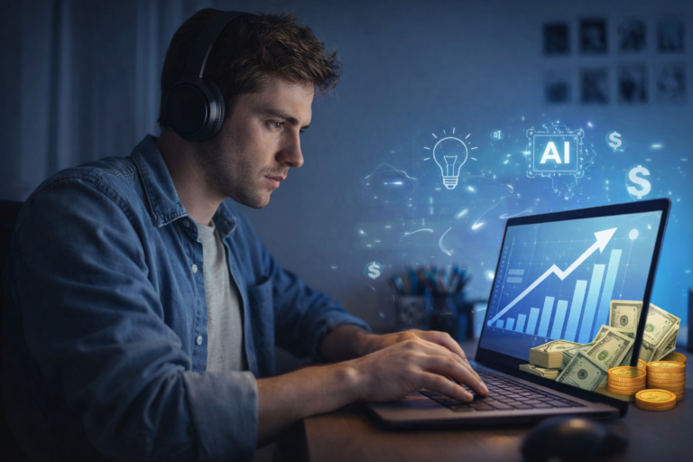 Home Young professional using AI tools on a laptop to make money online